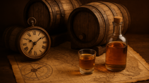 Linha do tempo da cachaça com elementos históricos como barris antigos e mapas